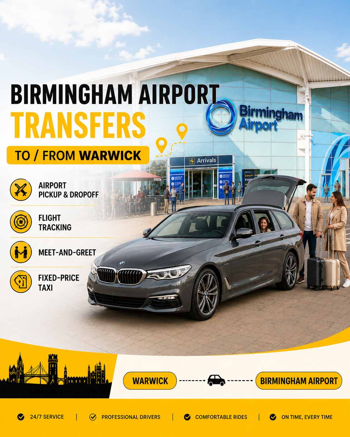 Warwick to Birmingham Airport Taxi